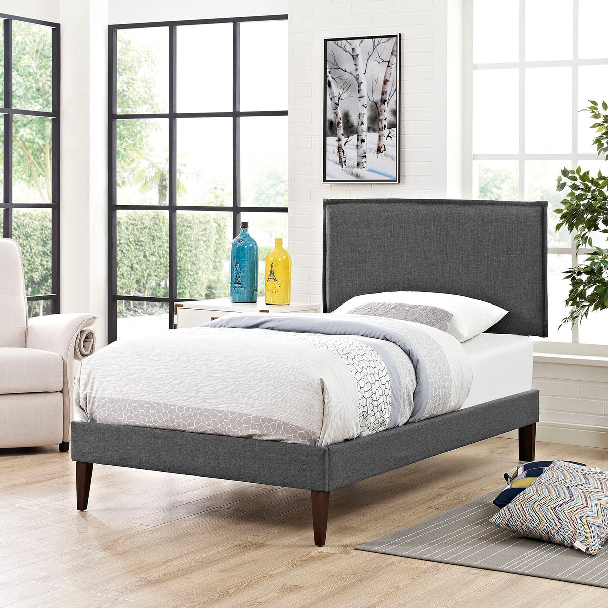 Upholstered Fabric Platform Bed with Squared Tapered Legs