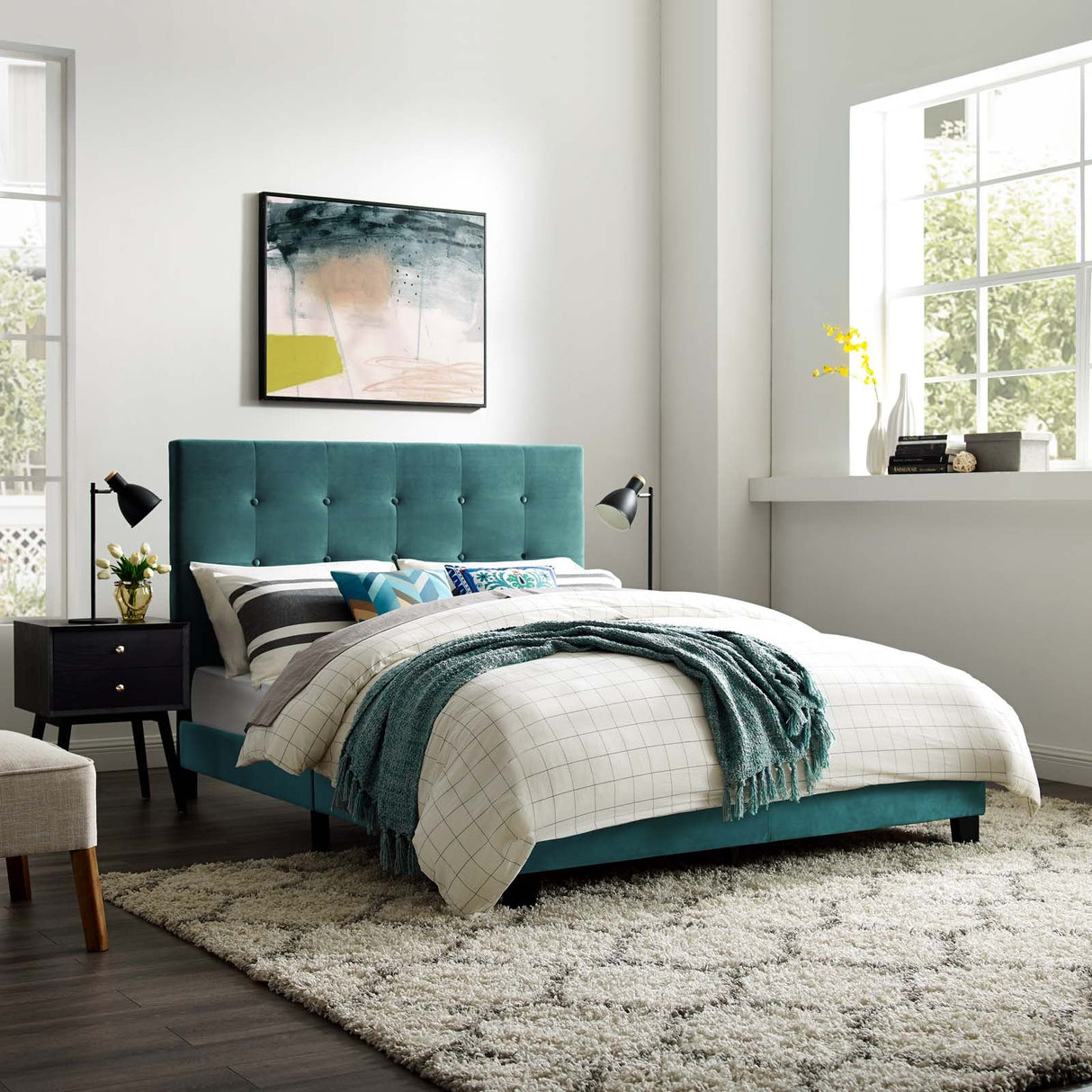 Tufted Button Performance Velvet Platform Bed
