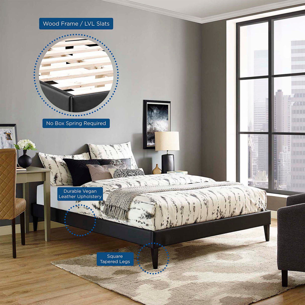 Upholstered Vinyl Platform Bed with Squared Tapered Legs