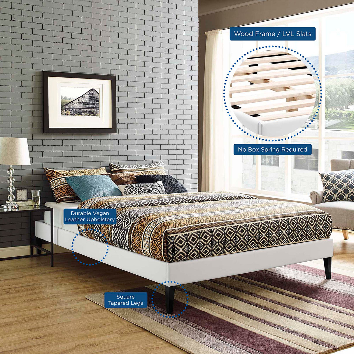 Upholstered Vinyl Platform Bed with Squared Tapered Legs