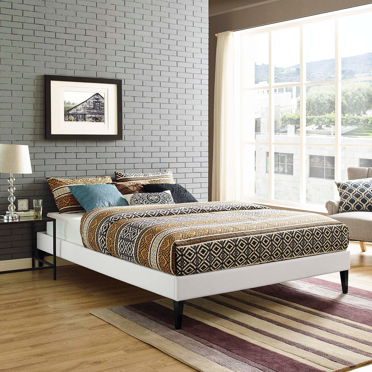Upholstered Vinyl Platform Bed with Squared Tapered Legs