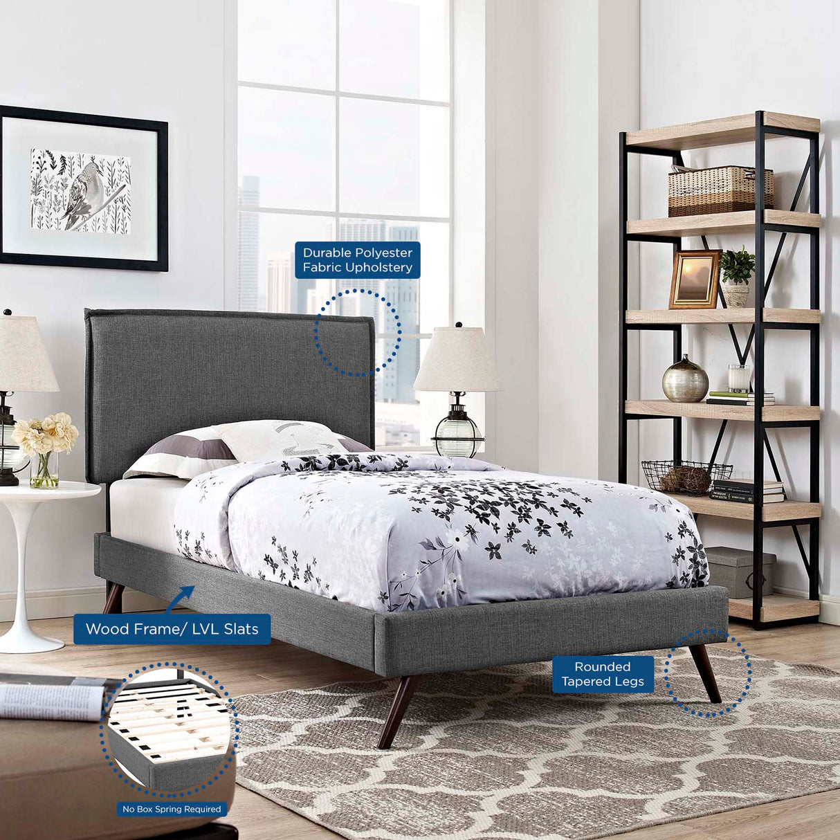 Upholstered Fabric Platform Bed with Round Splayed Legs