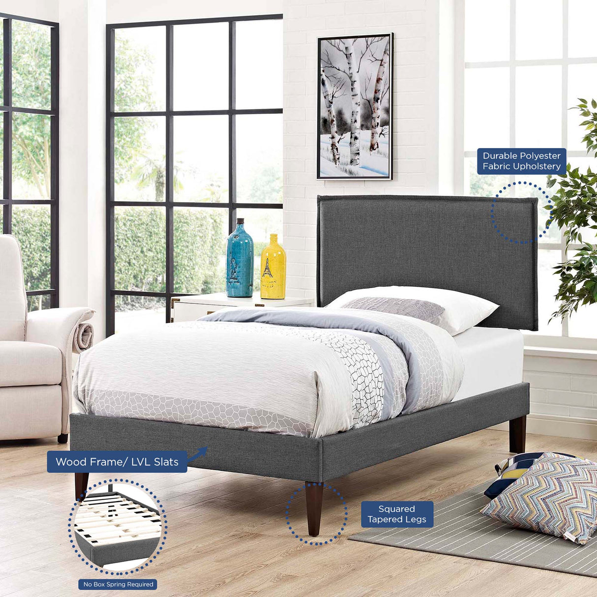 Upholstered Fabric Platform Bed with Squared Tapered Legs