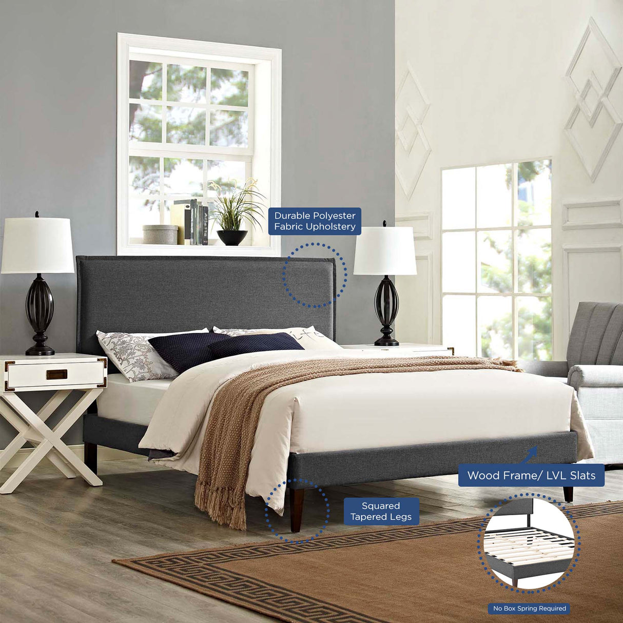 Upholstered Fabric Platform Bed with Squared Tapered Legs