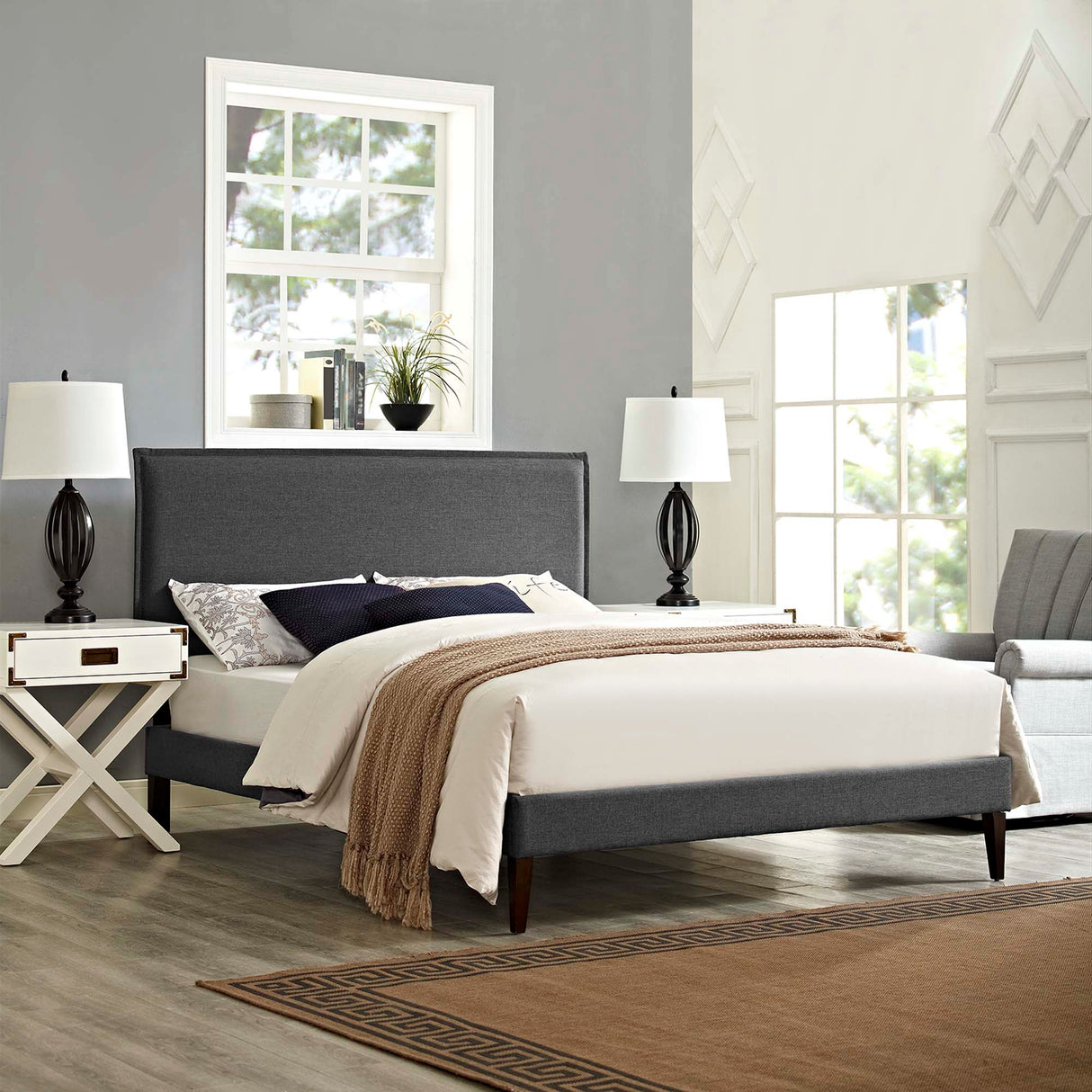 Upholstered Fabric Platform Bed with Squared Tapered Legs