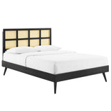Woven Cane Rattan and Wood Platform Bed with Splayed Legs