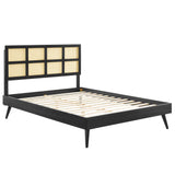 Woven Cane Rattan and Wood Platform Bed with Splayed Legs