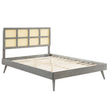 Woven Cane Rattan and Wood Platform Bed with Splayed Legs