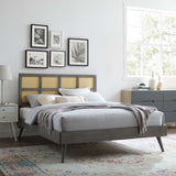 Woven Cane Rattan and Wood Platform Bed with Splayed Legs