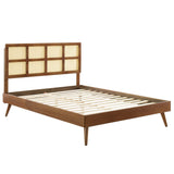 Woven Cane Rattan and Wood Platform Bed with Splayed Legs