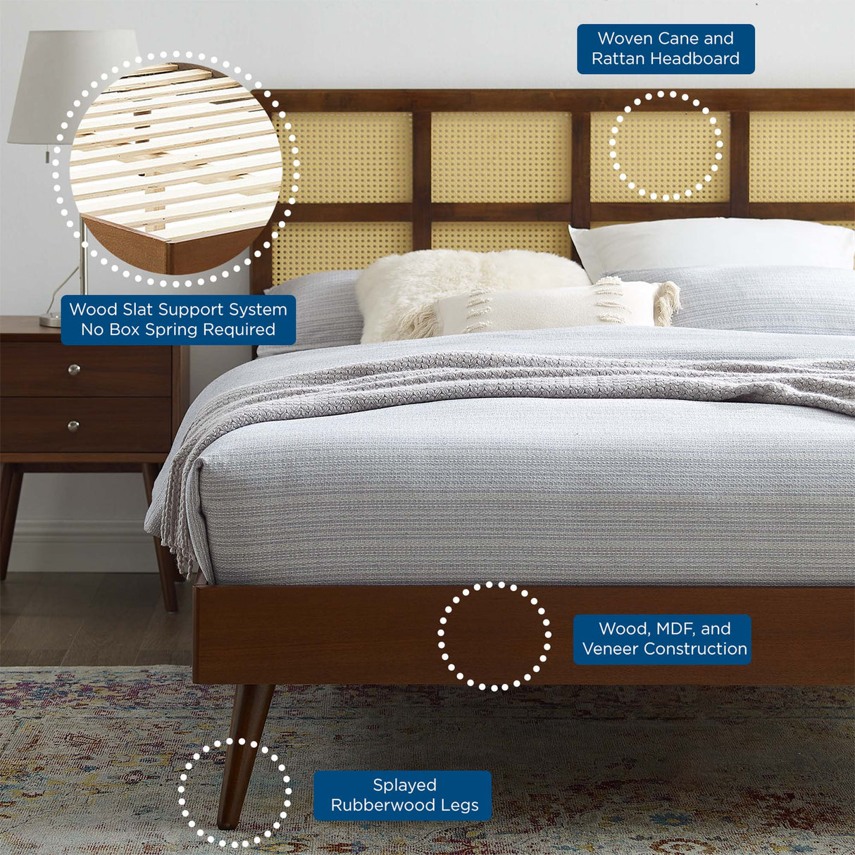 Woven Cane Rattan and Wood Platform Bed with Splayed Legs