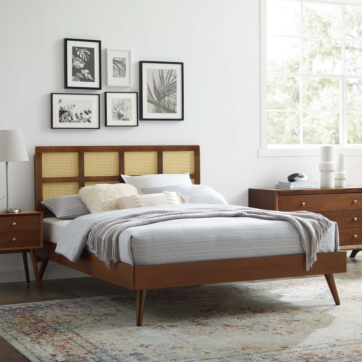 Woven Cane Rattan and Wood Platform Bed with Splayed Legs