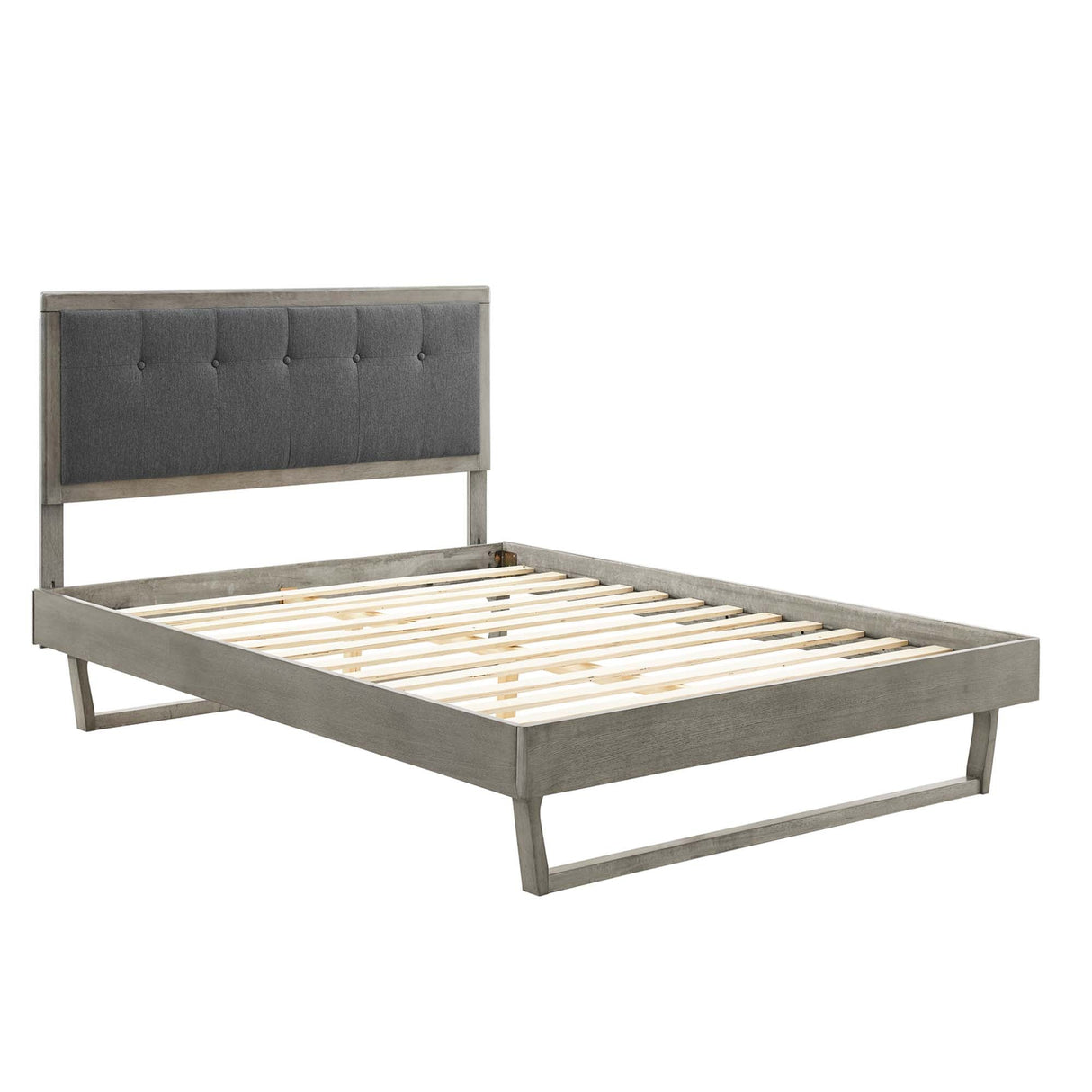 Tufted Wood Platform Bed with Angular Frame