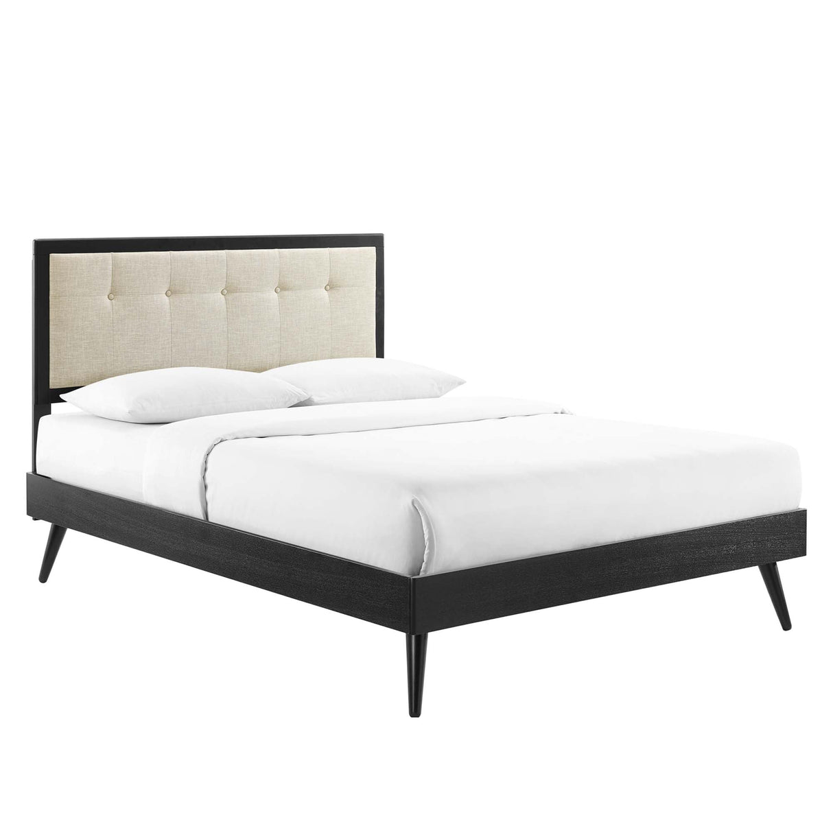 Tufted Wood Platform Bed with Splayed Legs