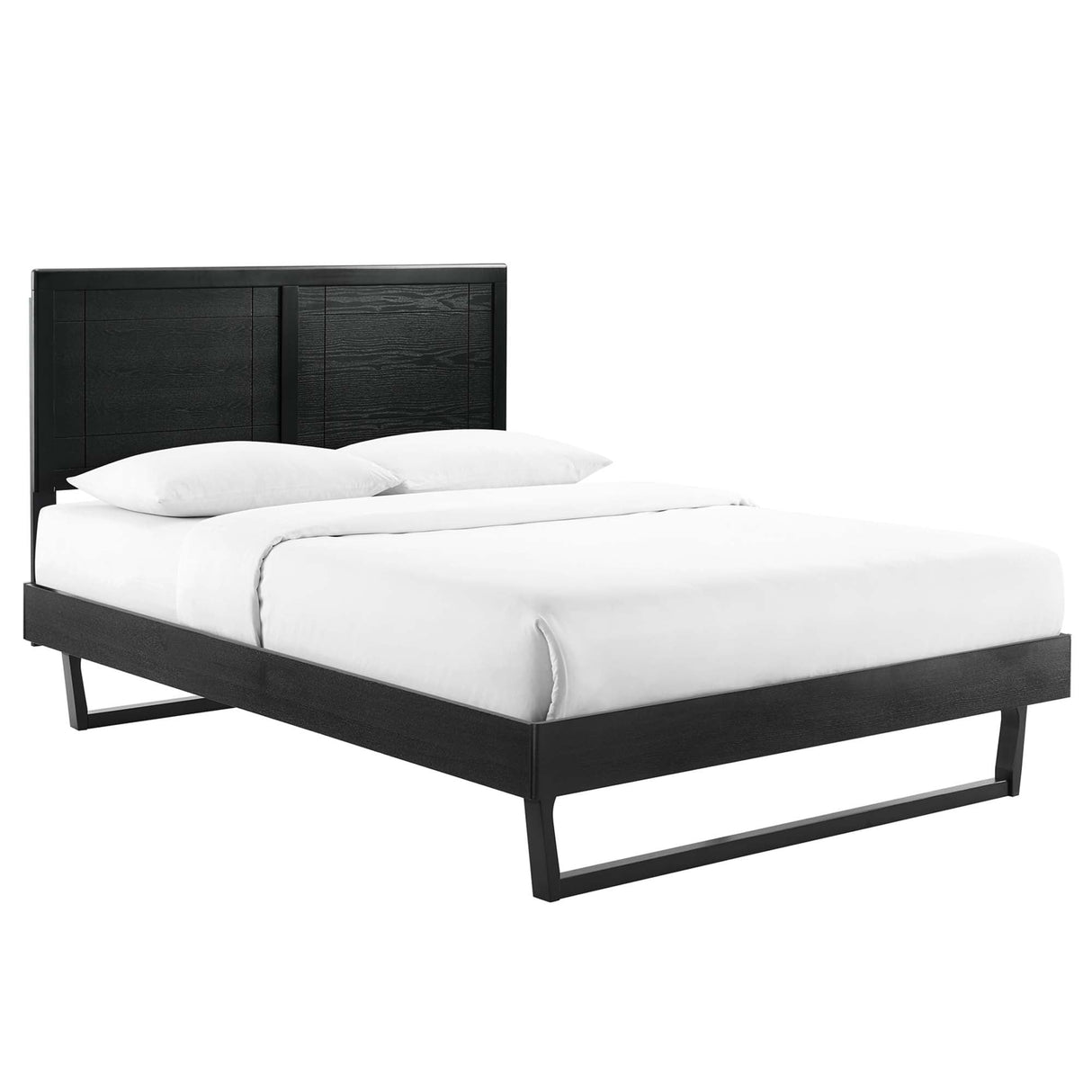 Wood Platform Bed with Window Pane Headboard
