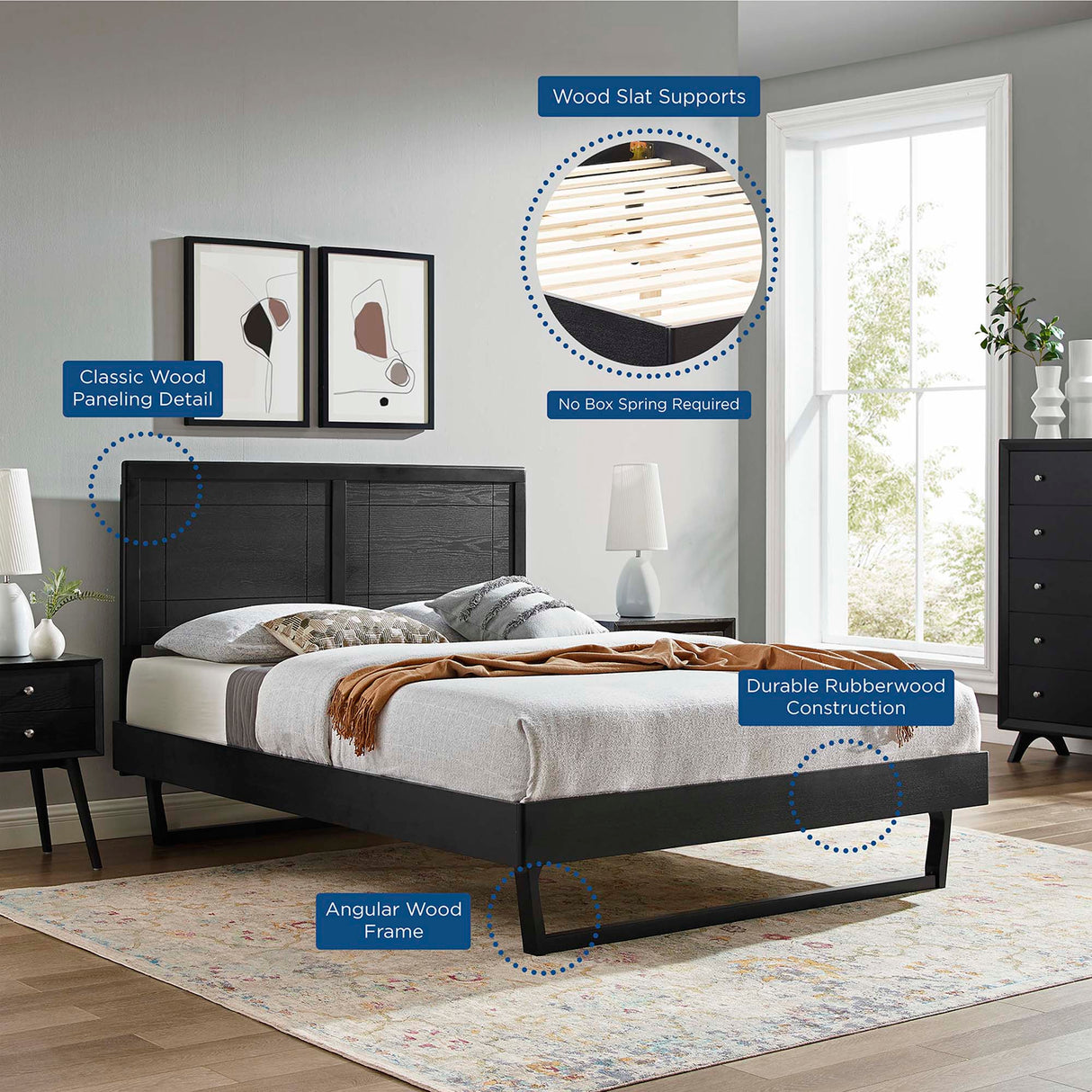Wood Platform Bed with Window Pane Headboard