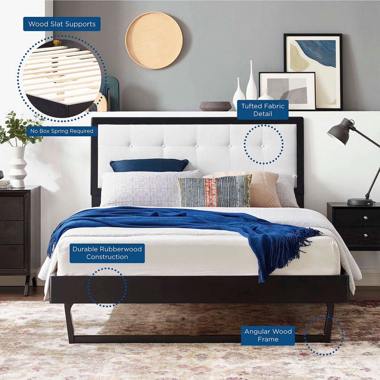 Tufted Wood Platform Bed with Angular Frame