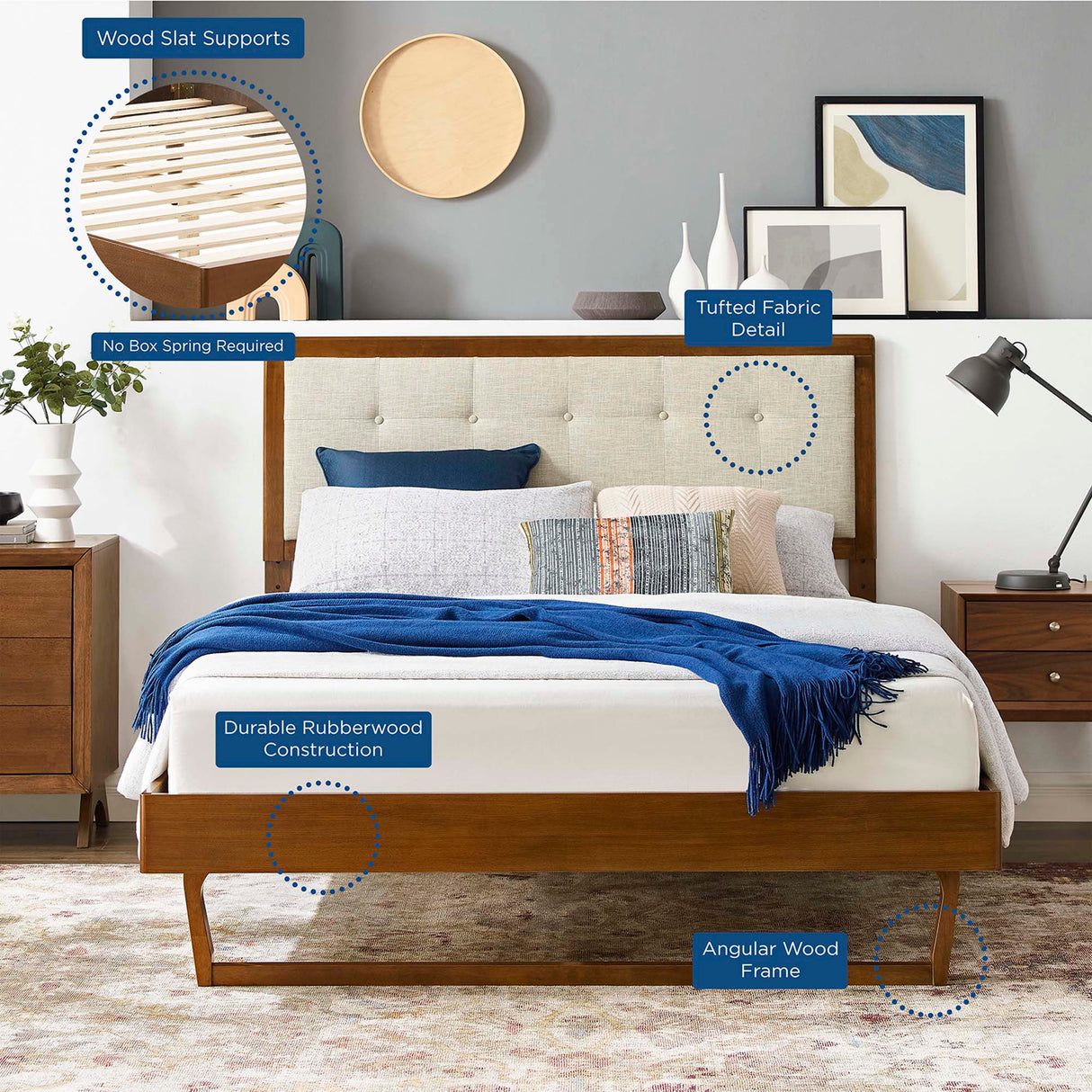 Tufted Wood Platform Bed with Angular Frame