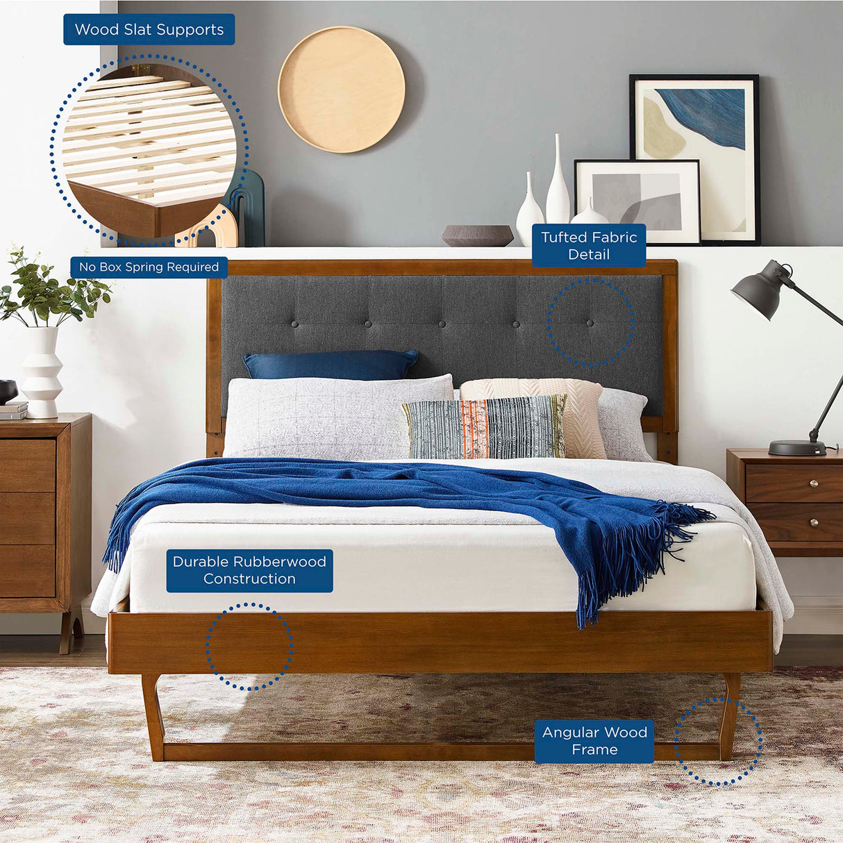 Tufted Wood Platform Bed with Angular Frame