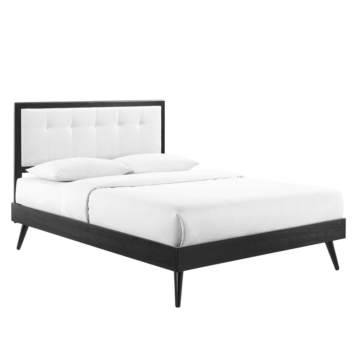 Tufted Wood Platform Bed with Splayed Legs