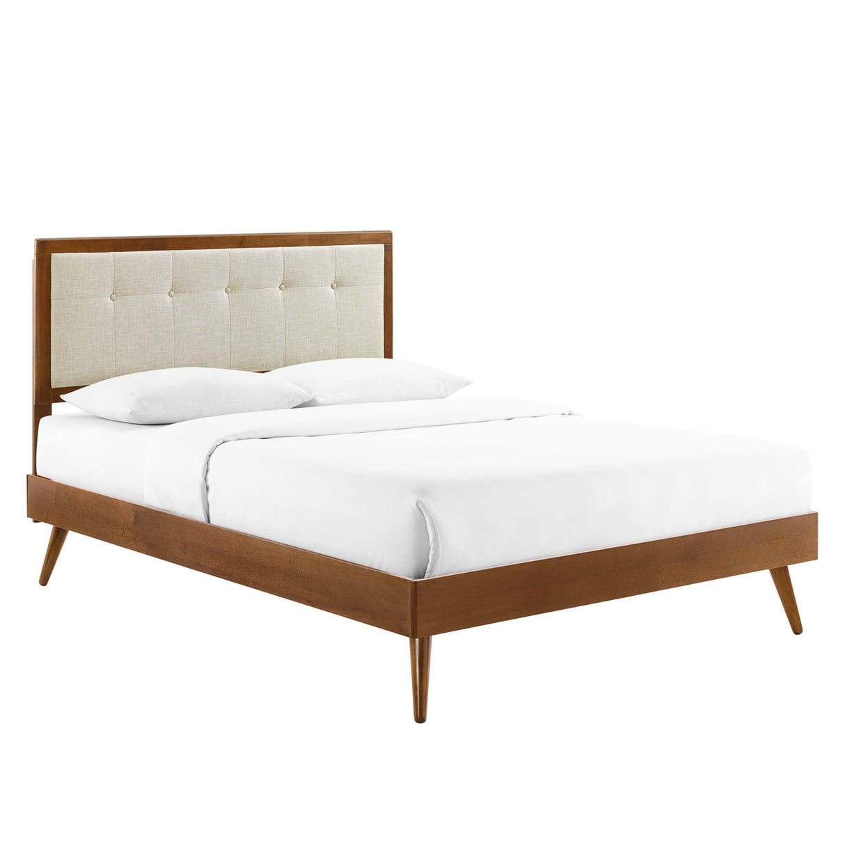 Tufted Wood Platform Bed with Splayed Legs