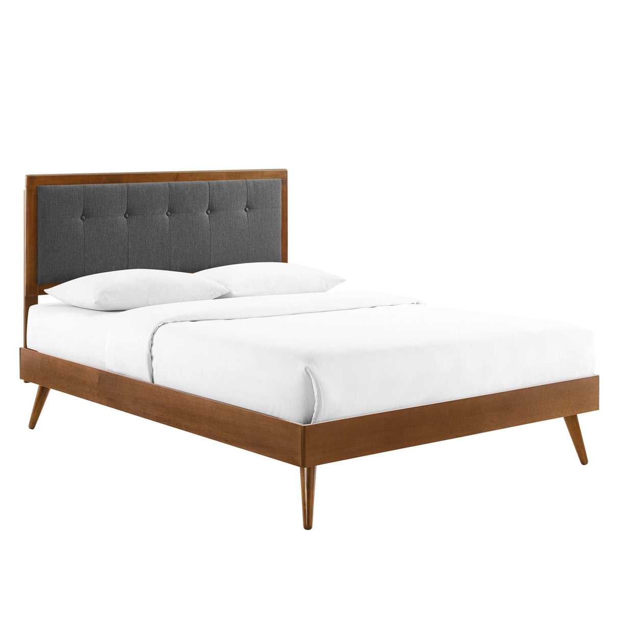 Tufted Wood Platform Bed with Splayed Legs