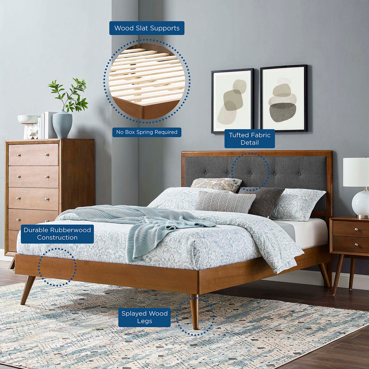 Tufted Wood Platform Bed with Splayed Legs