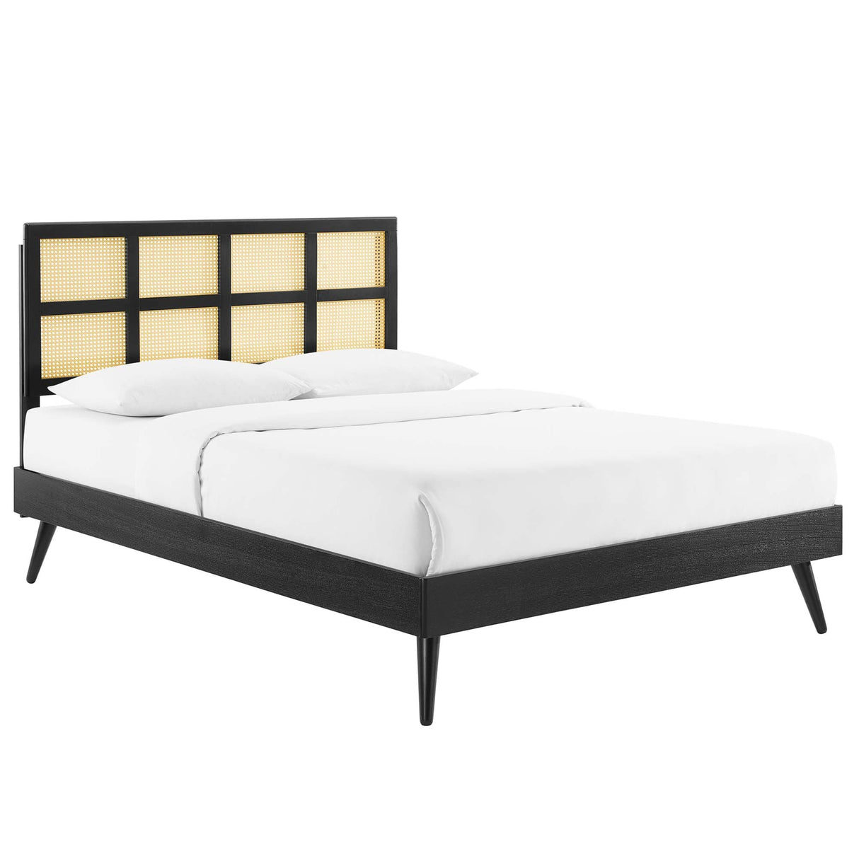 Woven Cane Rattan and Wood Platform Bed with Splayed Legs