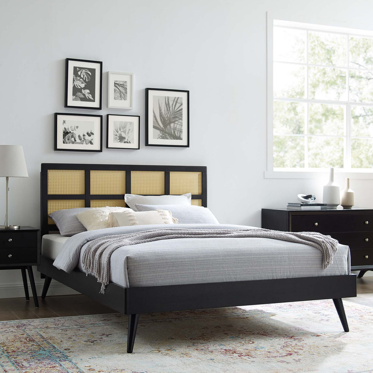 Woven Cane Rattan and Wood Platform Bed with Splayed Legs