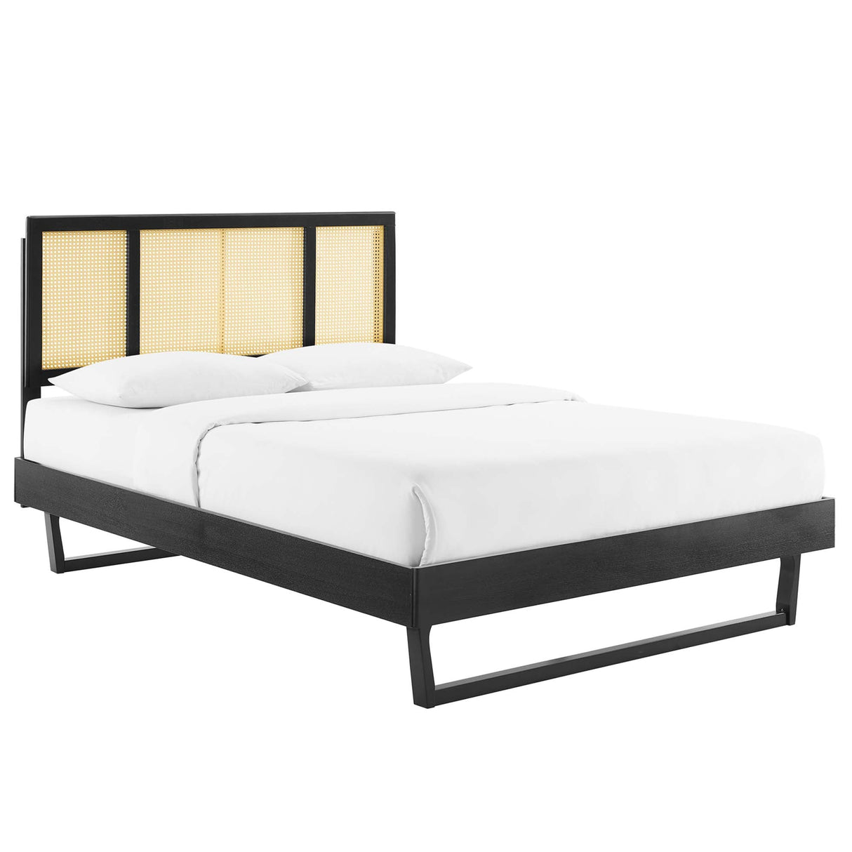 Woven Cane Rattan and Wood Platform Bed with Angular Legs