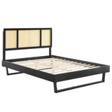 Woven Cane Rattan and Wood Platform Bed with Angular Legs