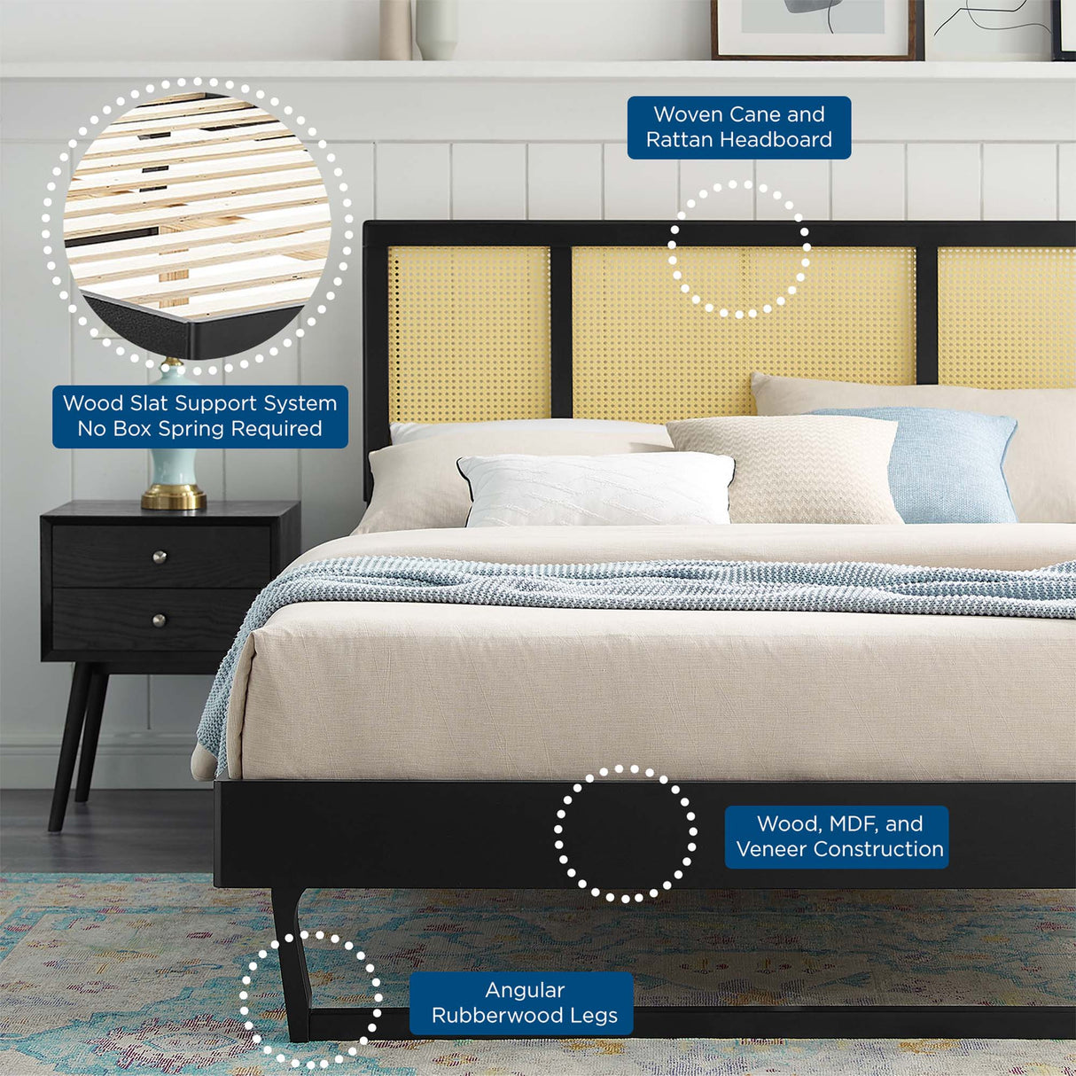 Woven Cane Rattan and Wood Platform Bed with Angular Legs