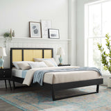 Woven Cane Rattan and Wood Platform Bed with Angular Legs