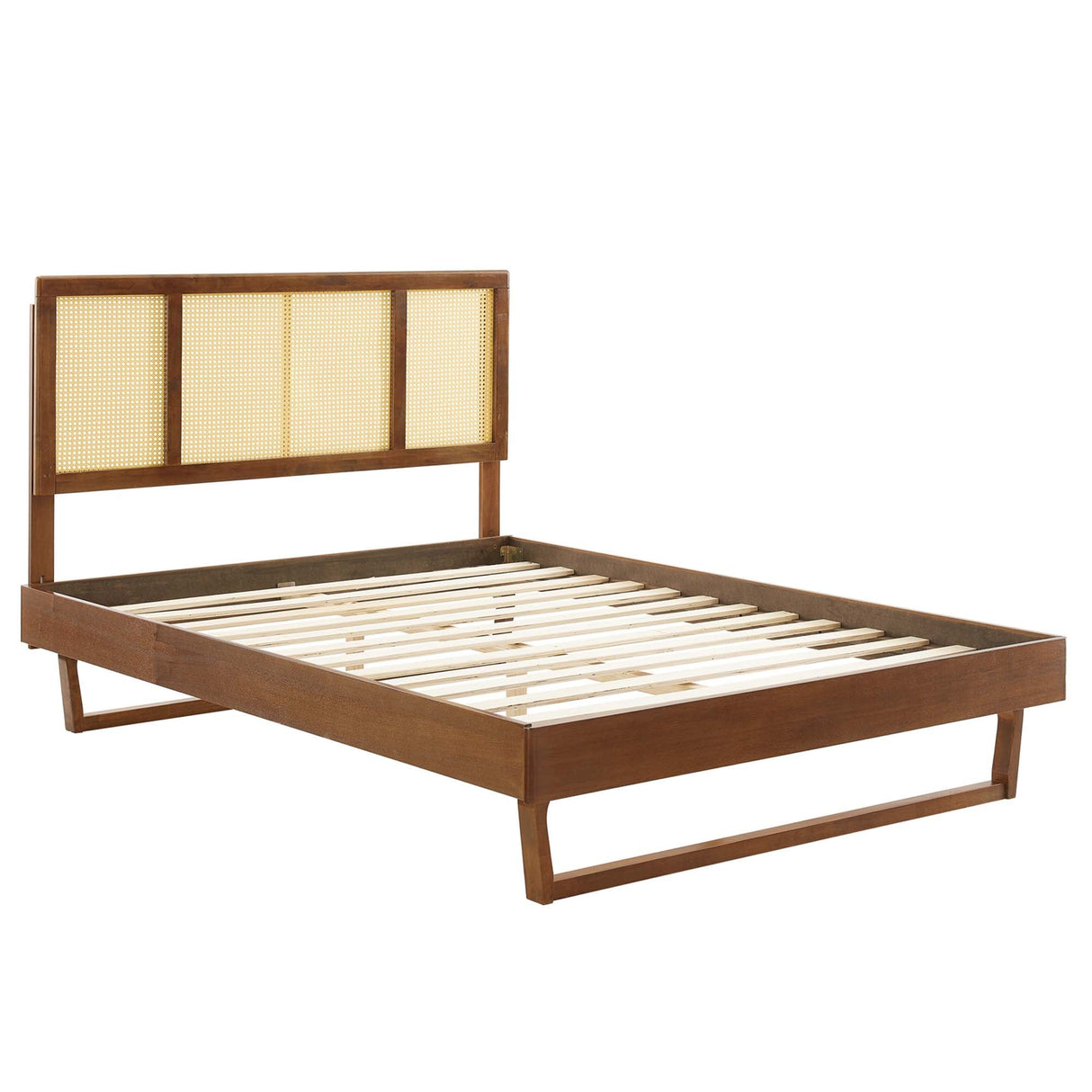 Woven Cane Rattan and Wood Platform Bed with Angular Legs