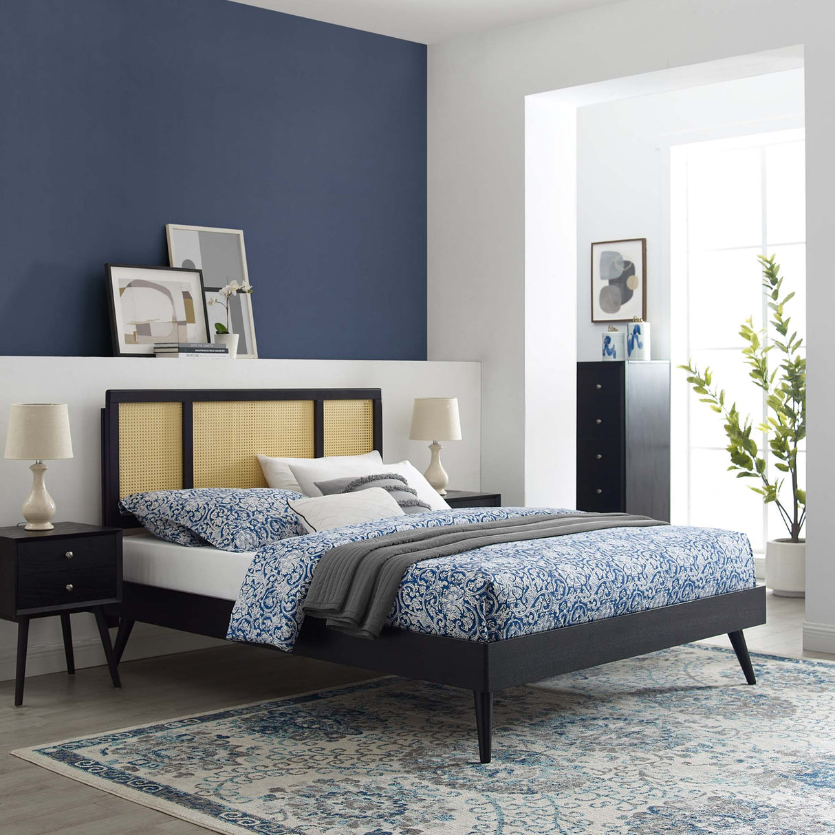 Cane and Wood Platform Bed with Splayed Legs