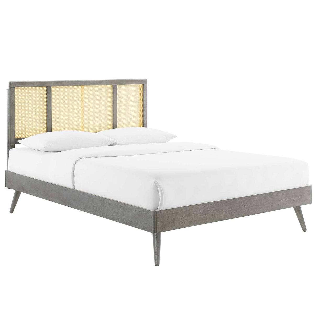 Cane and Wood Platform Bed with Splayed Legs