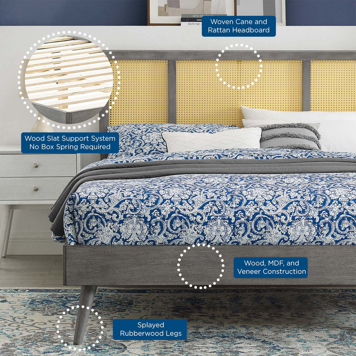 Cane and Wood Platform Bed with Splayed Legs