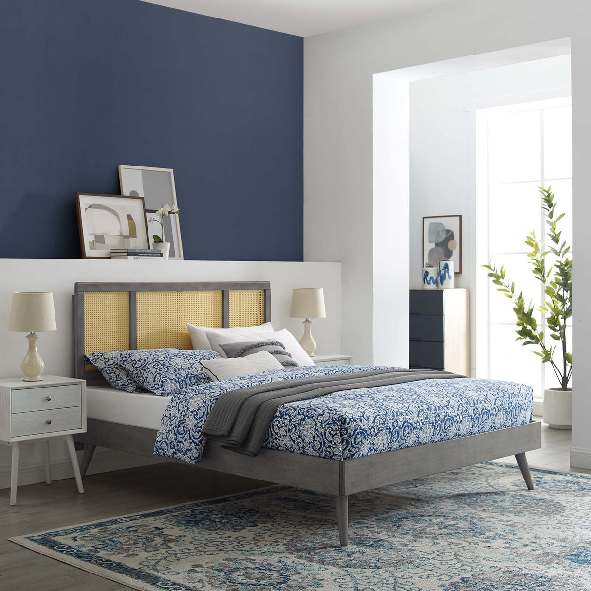 Cane and Wood Platform Bed with Splayed Legs
