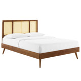 Cane and Wood Platform Bed with Splayed Legs