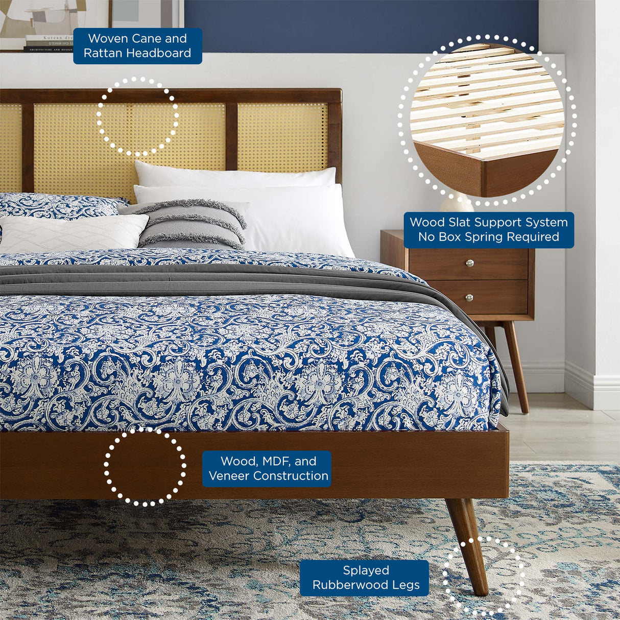 Cane and Wood Platform Bed with Splayed Legs