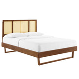 Woven Cane Rattan and Wood Platform Bed with Angular Legs