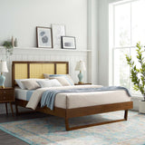 Woven Cane Rattan and Wood Platform Bed with Angular Legs