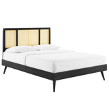 Cane and Wood Platform Bed with Splayed Legs