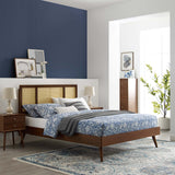 Cane and Wood Platform Bed with Splayed Legs