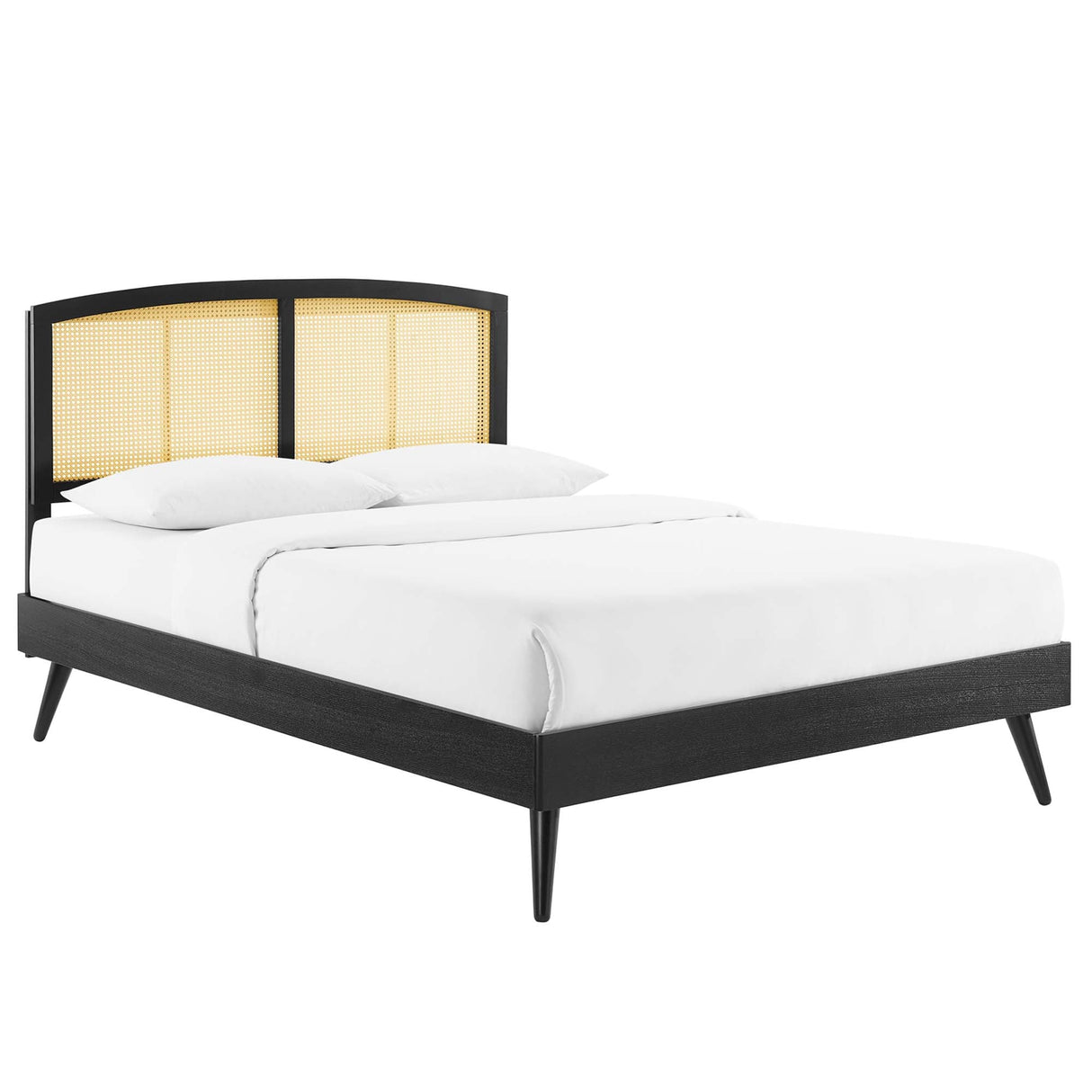 Cane and Wood Platform Bed with Splayed Legs