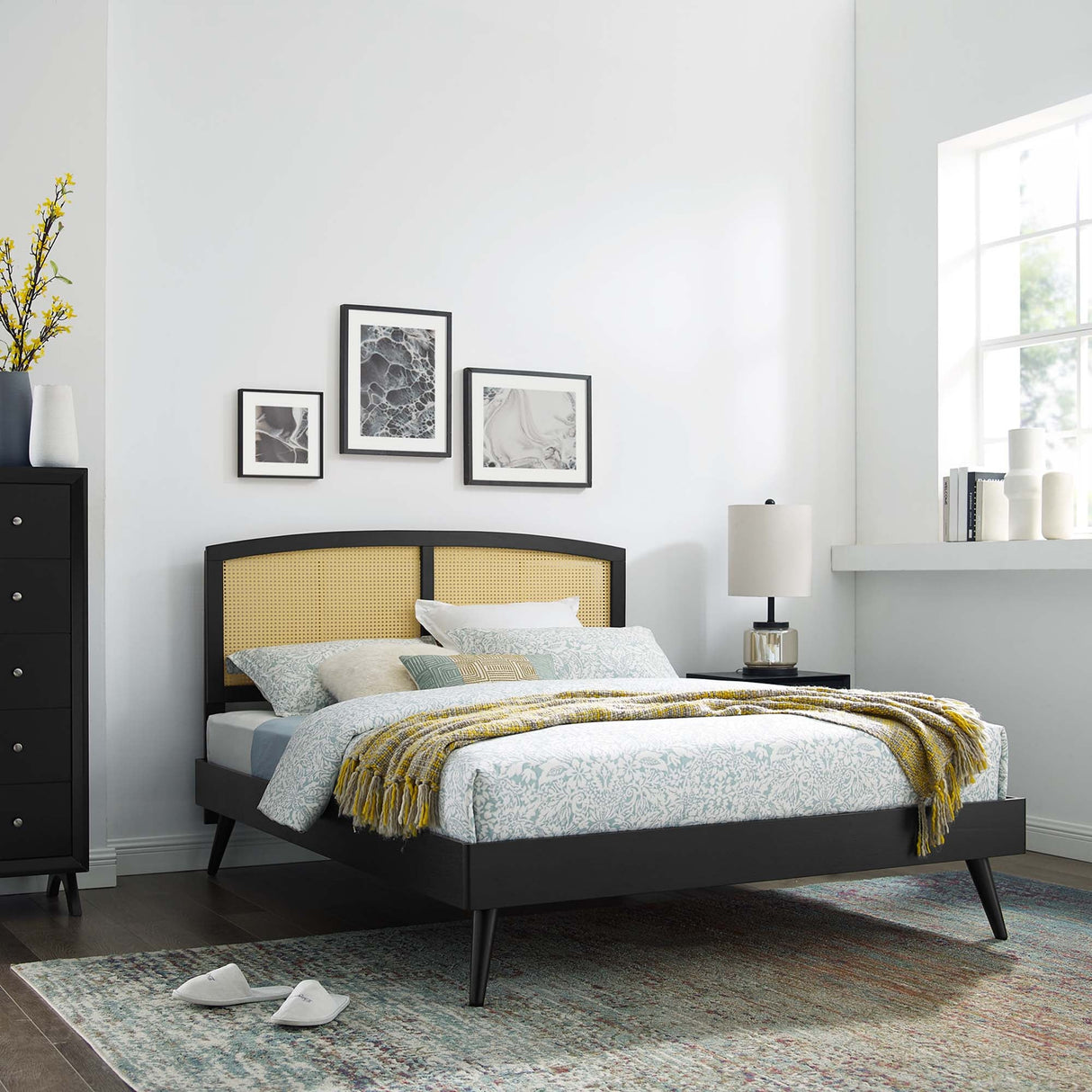 Cane and Wood Platform Bed with Splayed Legs