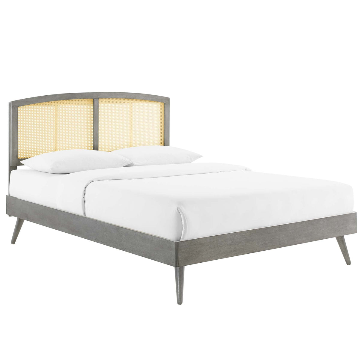 Cane and Wood Platform Bed with Splayed Legs