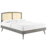 Cane and Wood Platform Bed with Splayed Legs