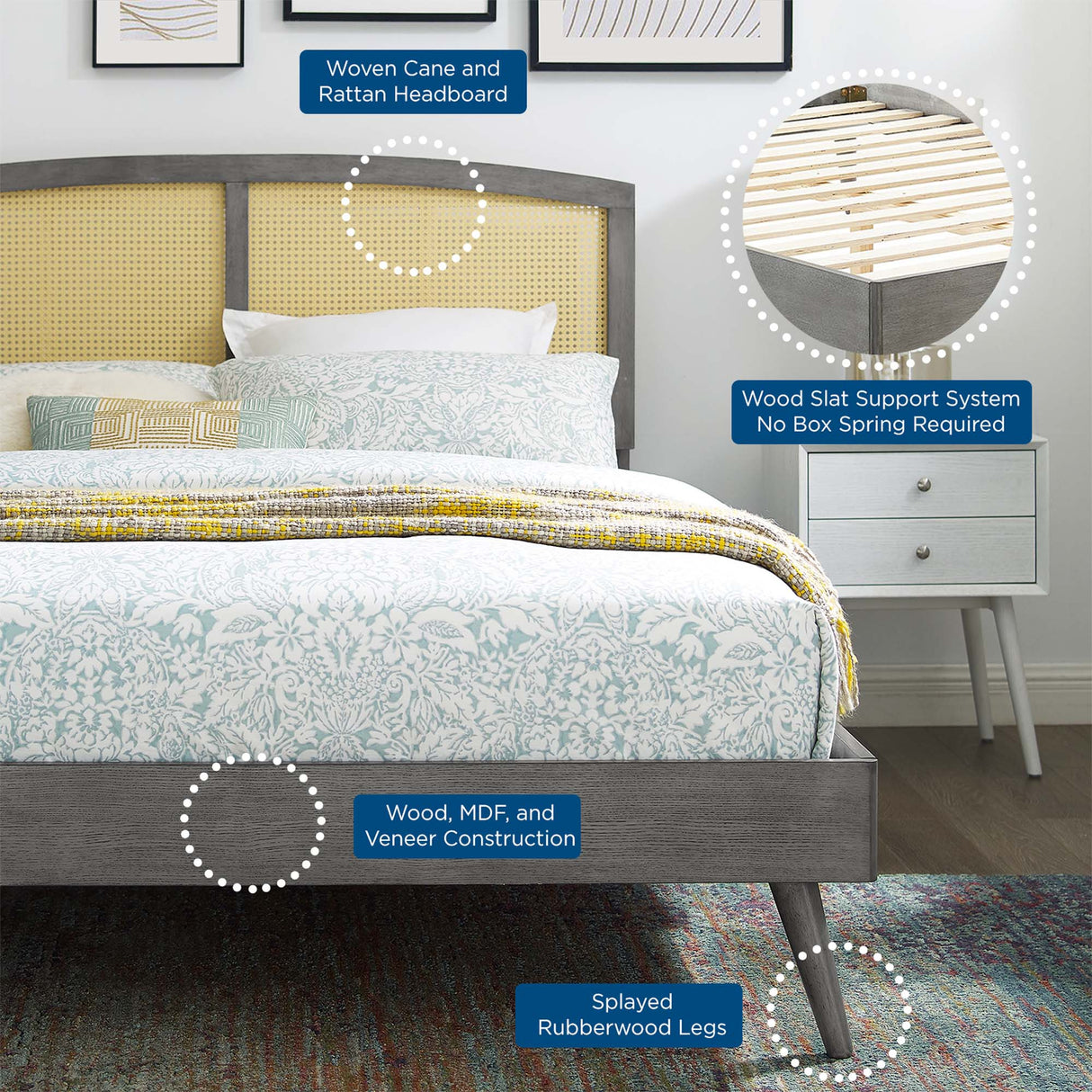 Cane and Wood Platform Bed with Splayed Legs