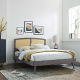 Cane and Wood Platform Bed with Splayed Legs